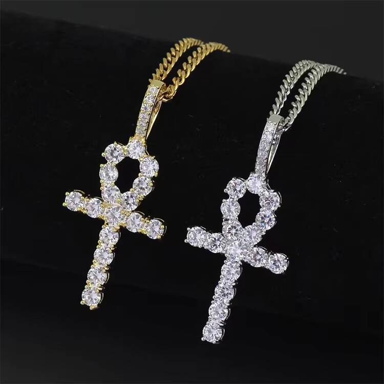 Hot Fashion Ankh Cross Pendant 3mm Width 925 Solid Silver D/VVS Moissanite Hip Hop Ankh Cross Pendant for Necklace