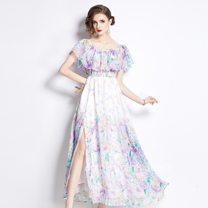 2499 Spring Summer Womens Ruffled Off-Shoulder Waist-Cinching Flared Long Dress Beach Dress Slit Chiffon Dress