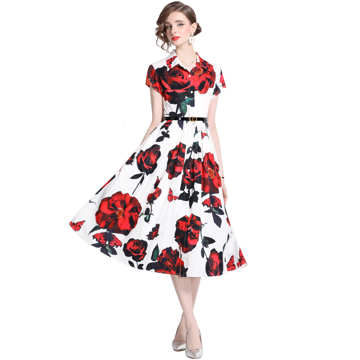 6861 Summer New Rose Print Mid-Length Dress Slim Fit Turn-Down Collar A-Line Dress Flared Dress (With Belt)
