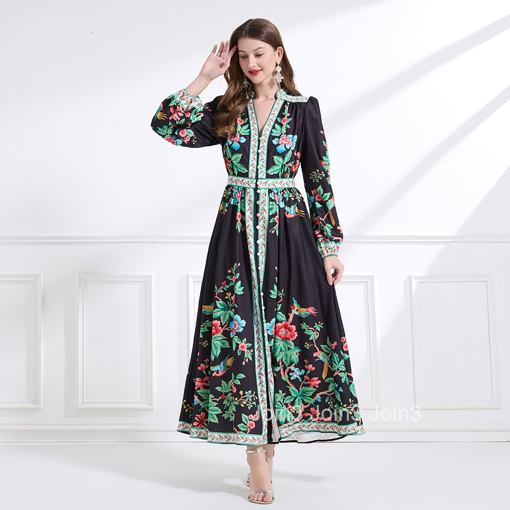 2193 Spring New Womens Vacation Style V-Neck Long Sleeve Printed Lantern Sleeve Waist-Cinching Long Dress