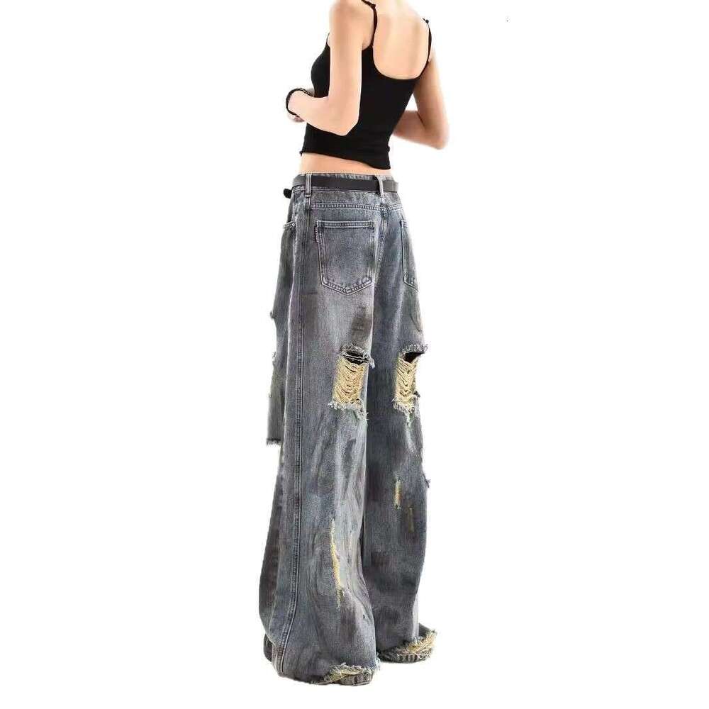 Vintage Style Distressed Jeans for Women 2024 Summer New American Loose Fit Draped Wide Leg Pants Trend
