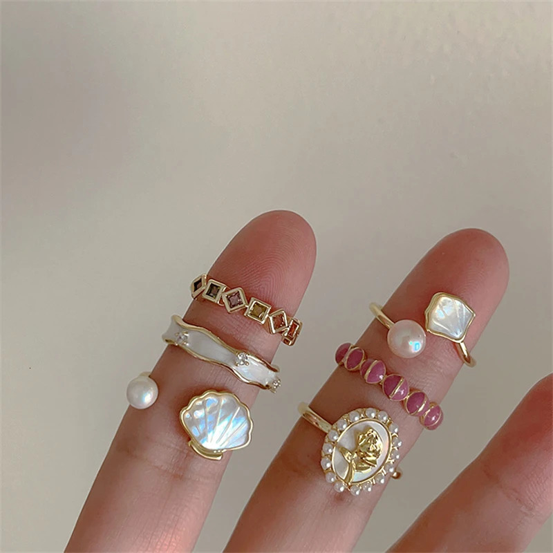 Trendy French Style Seashell Pearl Rings for Women Girls Flower Opening Ring Aesthetic Wedding Party Jewelry Gift 250717