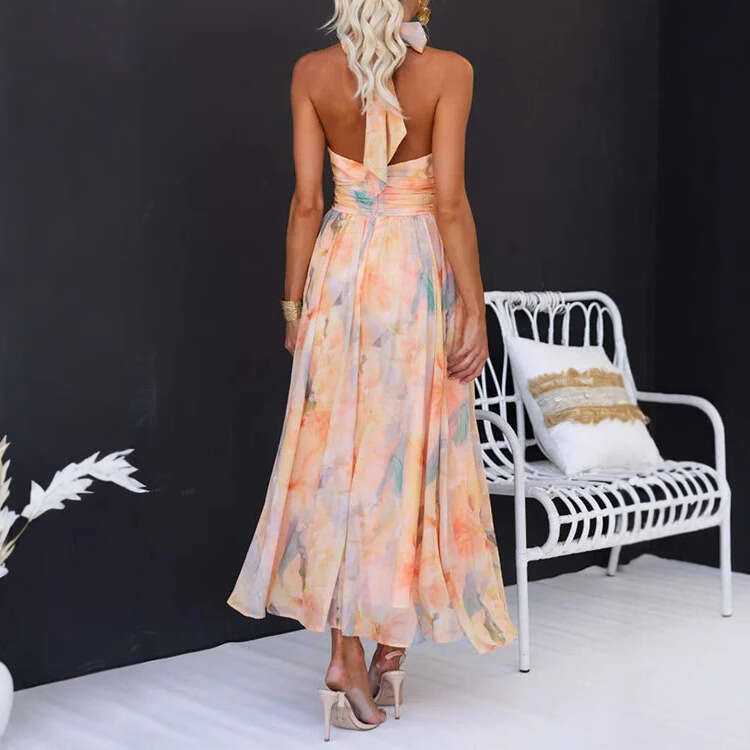 2025 Summer New European and American Hot-Selling Foreign Trade Women's Vacation Style Sleeveless Printed Backless Dress