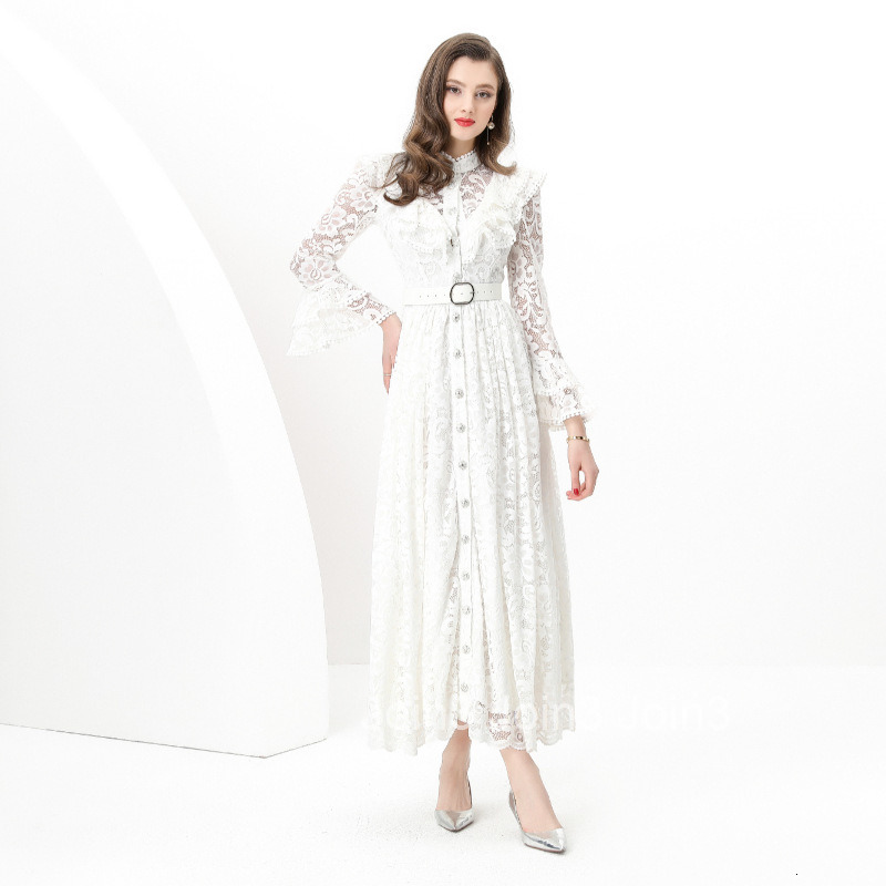 8829 Early Spring New Womens Fashion Elegant Vacation Ruffle Trim Waist Cinch Flared Lace Long Dress