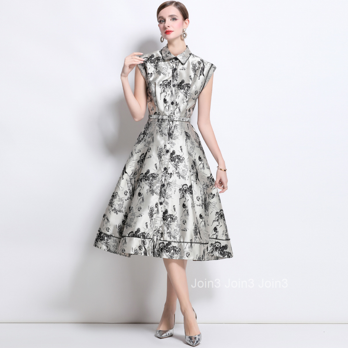 1687 Spring/Summer New Womens Single breasted Sleeveless Animal Ink Painting Jacquard Medium length Dress