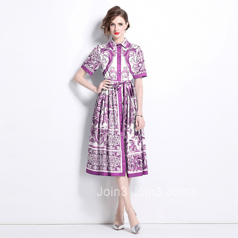 8763 Summer New Womens Fashion Waist-Cinching Blue and White Porcelain Print Short Sleeve Single-Breasted Cardigan Dress