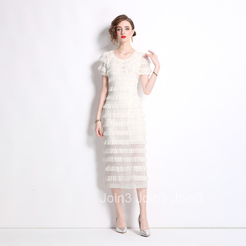 8021 Summer New Womens Round Neck Buttoned Elegant Layered Cake Dress Fashionable Dress