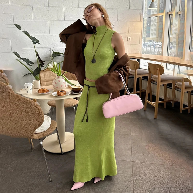 Tornova Elegant Knitted Dress Set Sleeveless Turtleneck Sleeveless Vest High Waist Skirt Female Slim Two Pieces Sets 250714