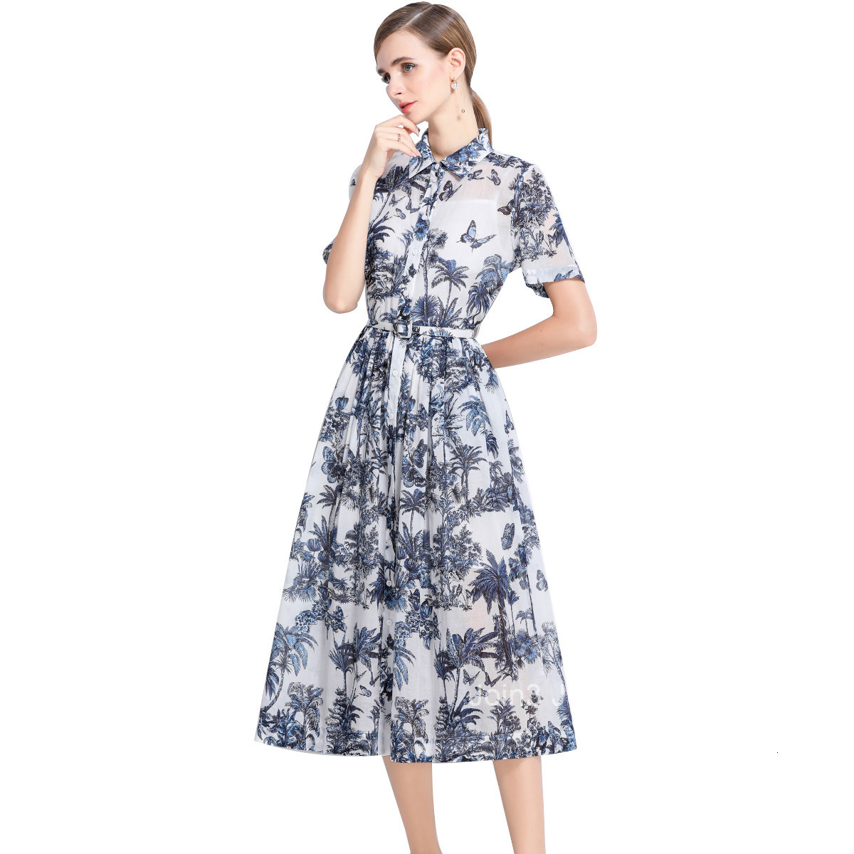 5885 Slim Fit Simple Turn-Down Collar Printed Short Sleeve Flared Womens Shirt Long Dress