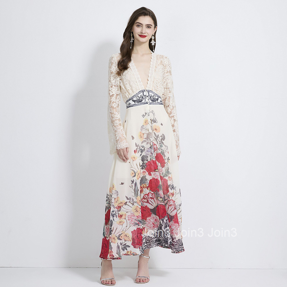 2115 Autumn New Womens Vacation Style V-Neck Flared Sleeve Lace Patchwork Printed Dress Two-Piece Set