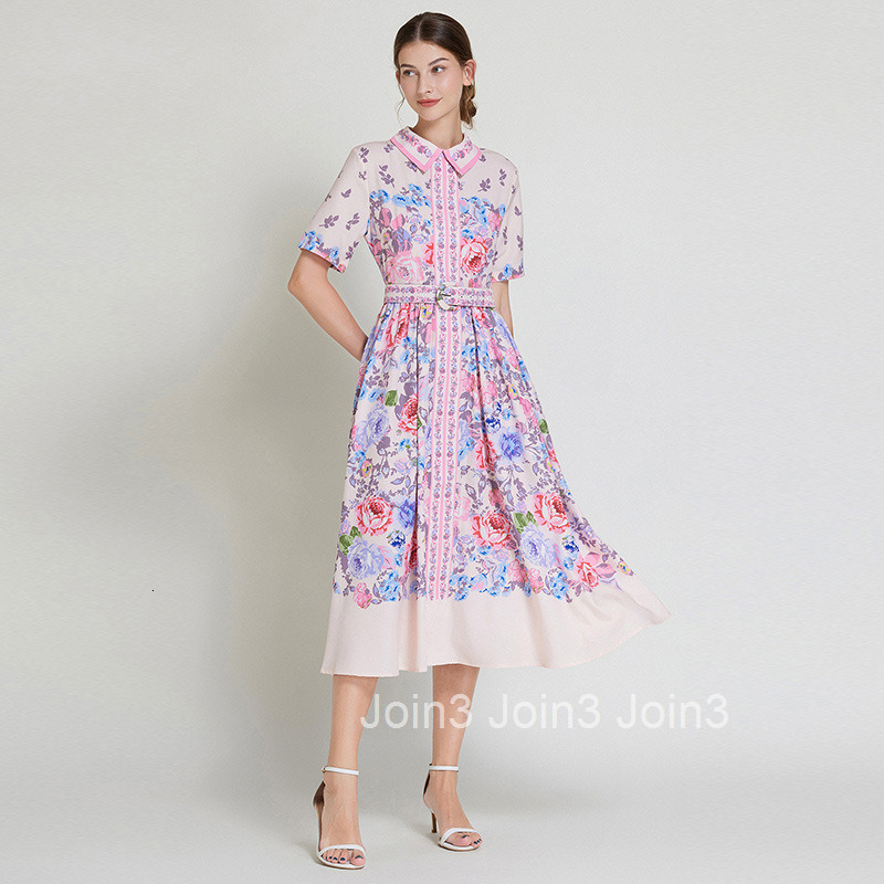 8527 Summer New Womens Fashion Elegant Printed Dress Slim Fit Slimming Turn-Down Collar Short Sleeve Mid-Length Dress