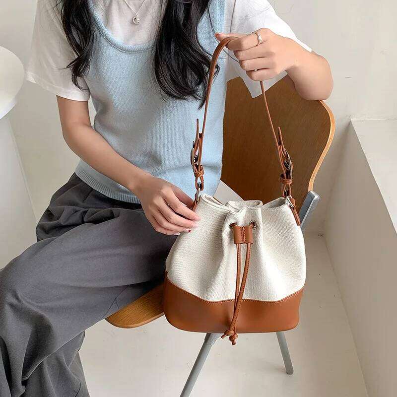 Casual Canvas Bucket Bag For Women Designer Drawstring Handbags Pu Leather Patchwork Shoulder Bags Large Totes