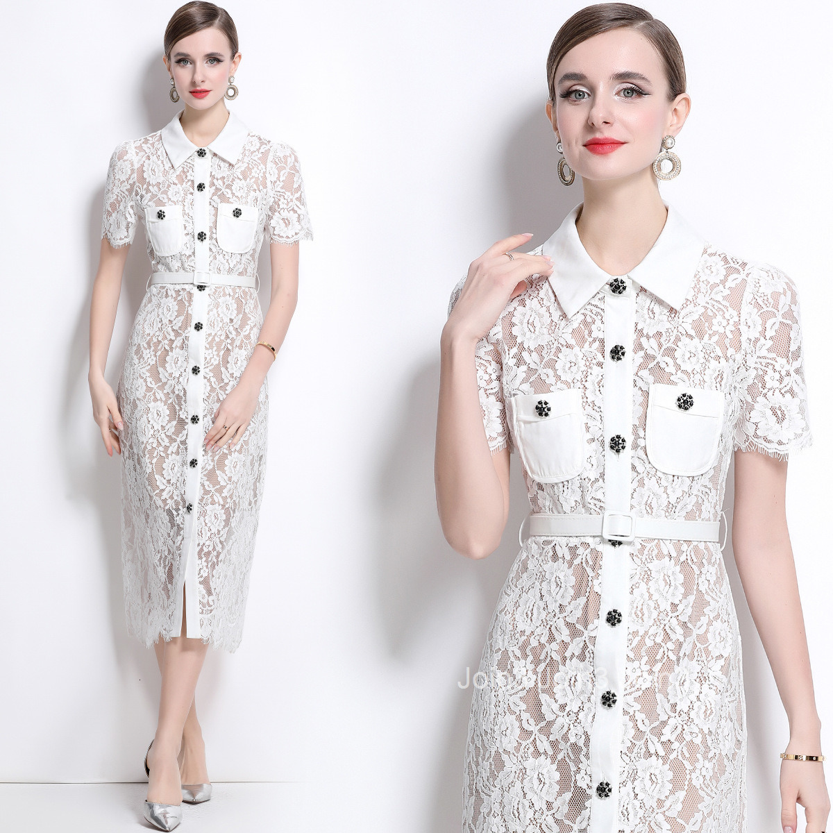 1693 Lace Collar Short Sleeve Single-Breasted Slim Fit Inner Layer Strap Dress with Belt