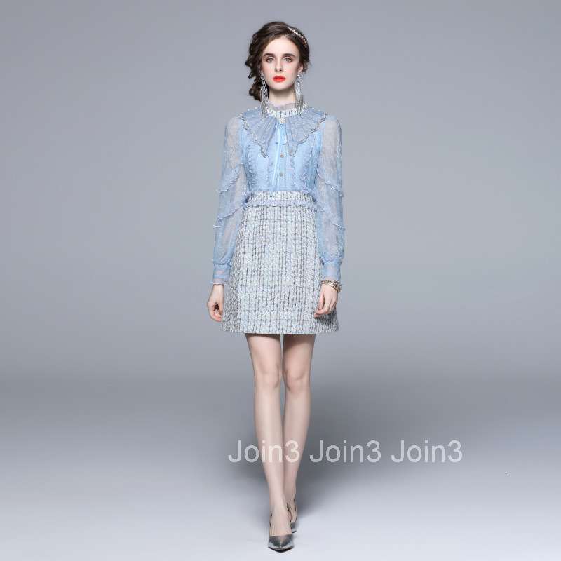 925 Autumn New Womens Clothing Elegant Blue Embroidered Nail Bead Fake Two piece Coarse Flower Short Skirt Dress