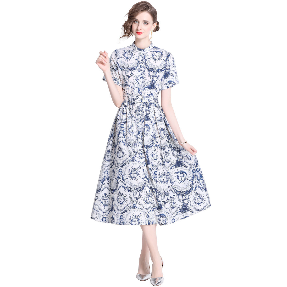 5822 Summer New Womens Fashion Elegant Printed Slim Fit Short Sleeve Flared Long Dress