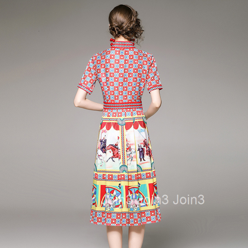 7496 Summer New Womens Style Printed Dress with Collar Short Sleeve Slim fit Waist cinching Medium length Skirt