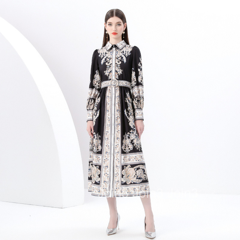 6145 Early Spring New Womens Clothing Style Elegance Style Flip Collar Lantern Sleeve Printed Long Dress