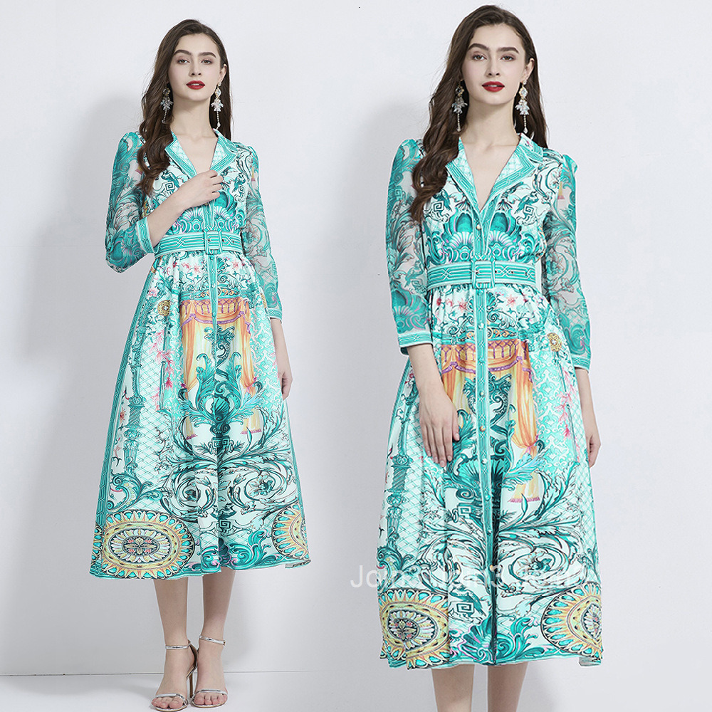 2107 Autumn New Womens Fashion Vacation Style Printed Blazer Collar Waist-Cinching Long Dress