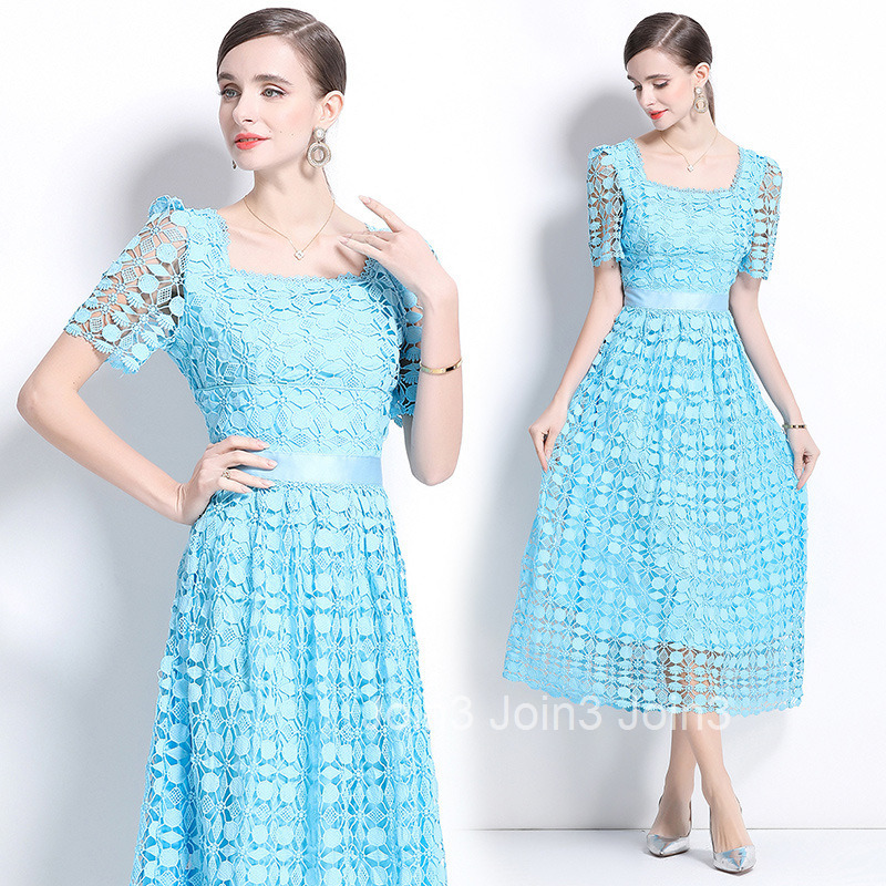 703 fashion slimming hollow out water-soluble lace positioning mid length dress