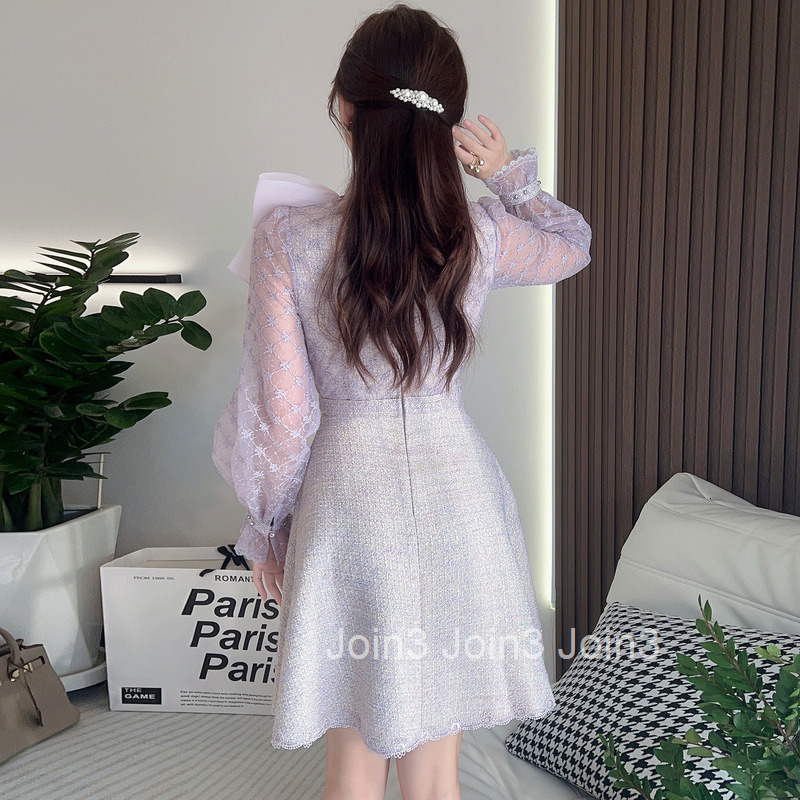 6966 autumn new womens clothing temperament nail bead mesh embroidered bow slim fit short skirt dress
