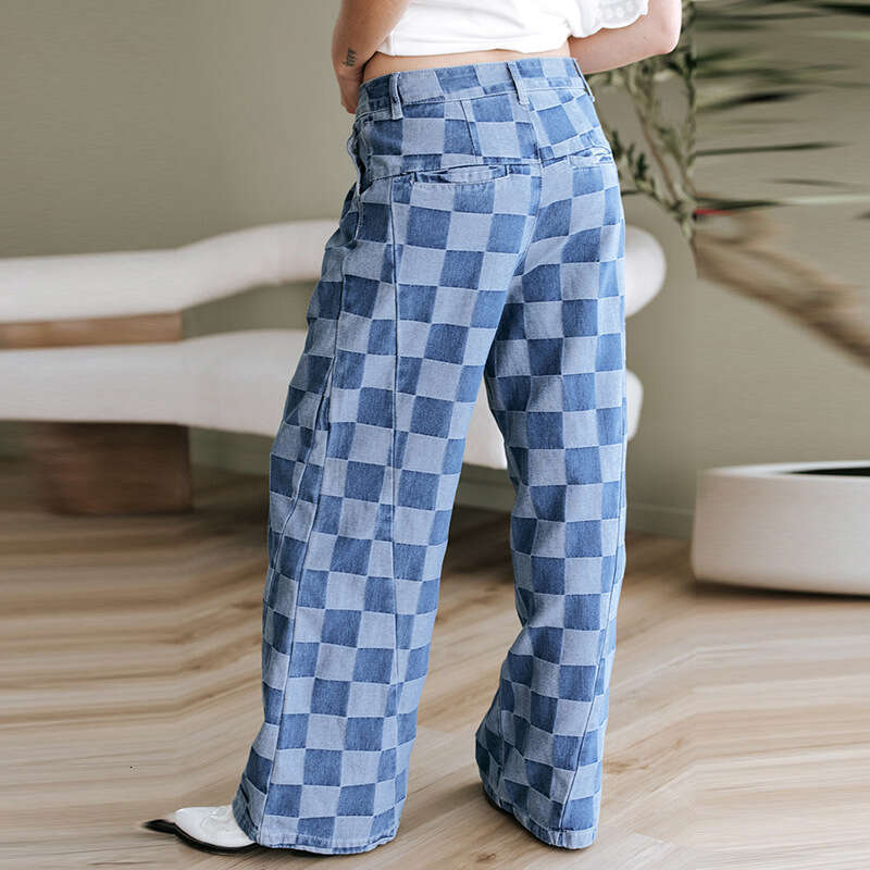 Trendy Plaid Print Jeans 2025 Autumn New High Waist Loose Wide Leg Pants for Women