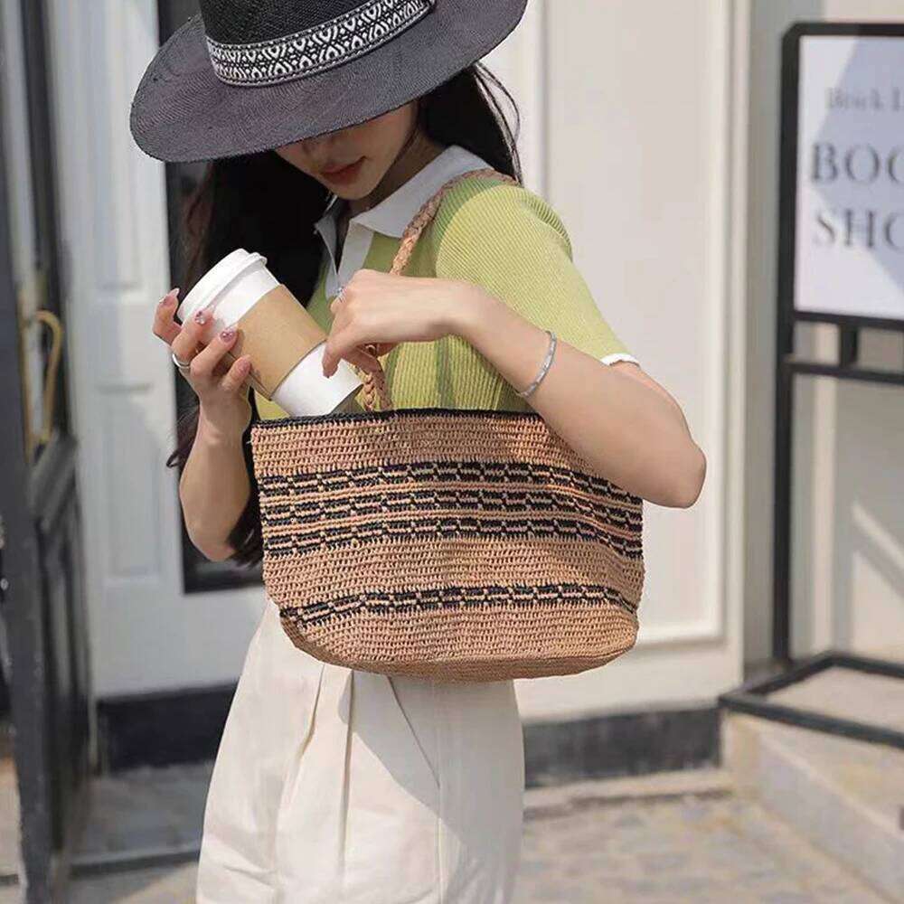 Summer Raffia Beach Handbag Striped Woven Shoulder Bags For Women Bohemianstraw Bag Tote Vacation Travel Shopper Purses NEW