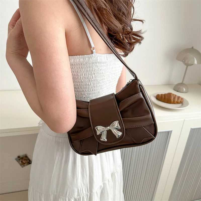 Sweet Bow Small Underarm Bag for Women Fashion PU Leather Ladies Portable Shoulder Bags Solid Color Female Clutch Handbags Y250719