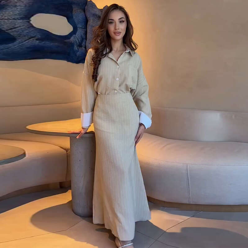 2025 New European American Style Women's Single-Breasted Design Sleeve Shirt and Bodycon Striped Long Skirt Set