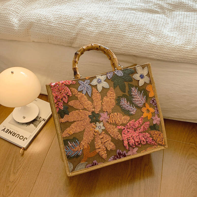 New Fashion Sequin Horizontal Tote Linen Women's Large Capacity Embroidered Bamboo Handle Bag