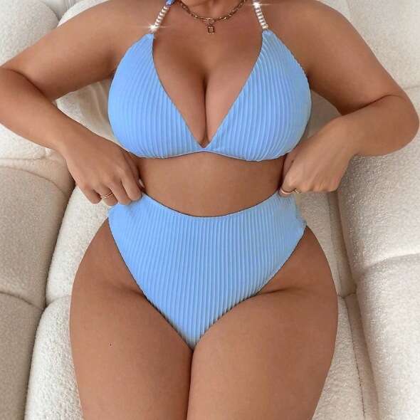 2025 New Style Spaghetti Strap Backless Plus Size Swimsuit Women Solid Color High Waist Sexy Bikini Two-Piece Swimwear