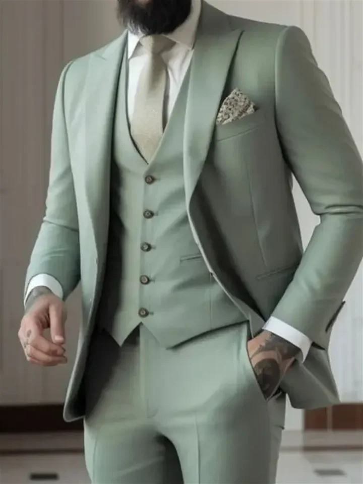3 Piece Sage Green Mens Slim Fit Suits JacketVestPant Wedding Groom Tuxedos Prom Formal Male Party Blazers Traje Hombre 250717