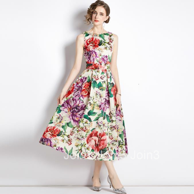6178 Summer New Womens Printed Sleeveless High Waist Dress with Slim Fit and Wide Waist Large Swing Long Dress