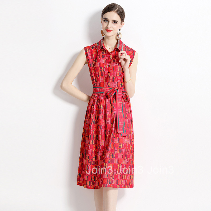 2052- Fashionable waist cinching slimming positioning printed sleeveless dress