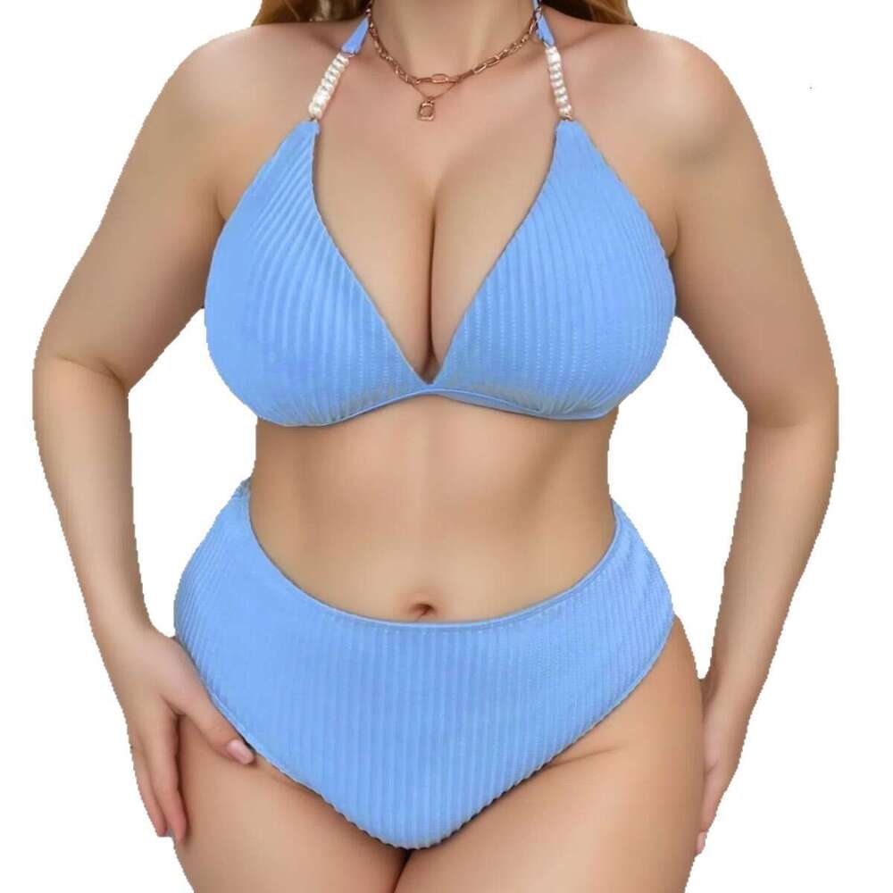 2025 New Style Spaghetti Strap Backless Plus Size Swimsuit Women Solid Color High Waist Sexy Bikini Two-Piece Swimwear