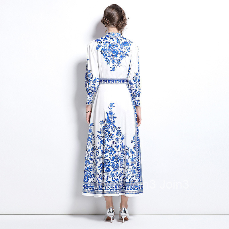 8771 Fashion Elegance Style Turn-Down Collar Single-Breasted Blue and White Porcelain Print Dress