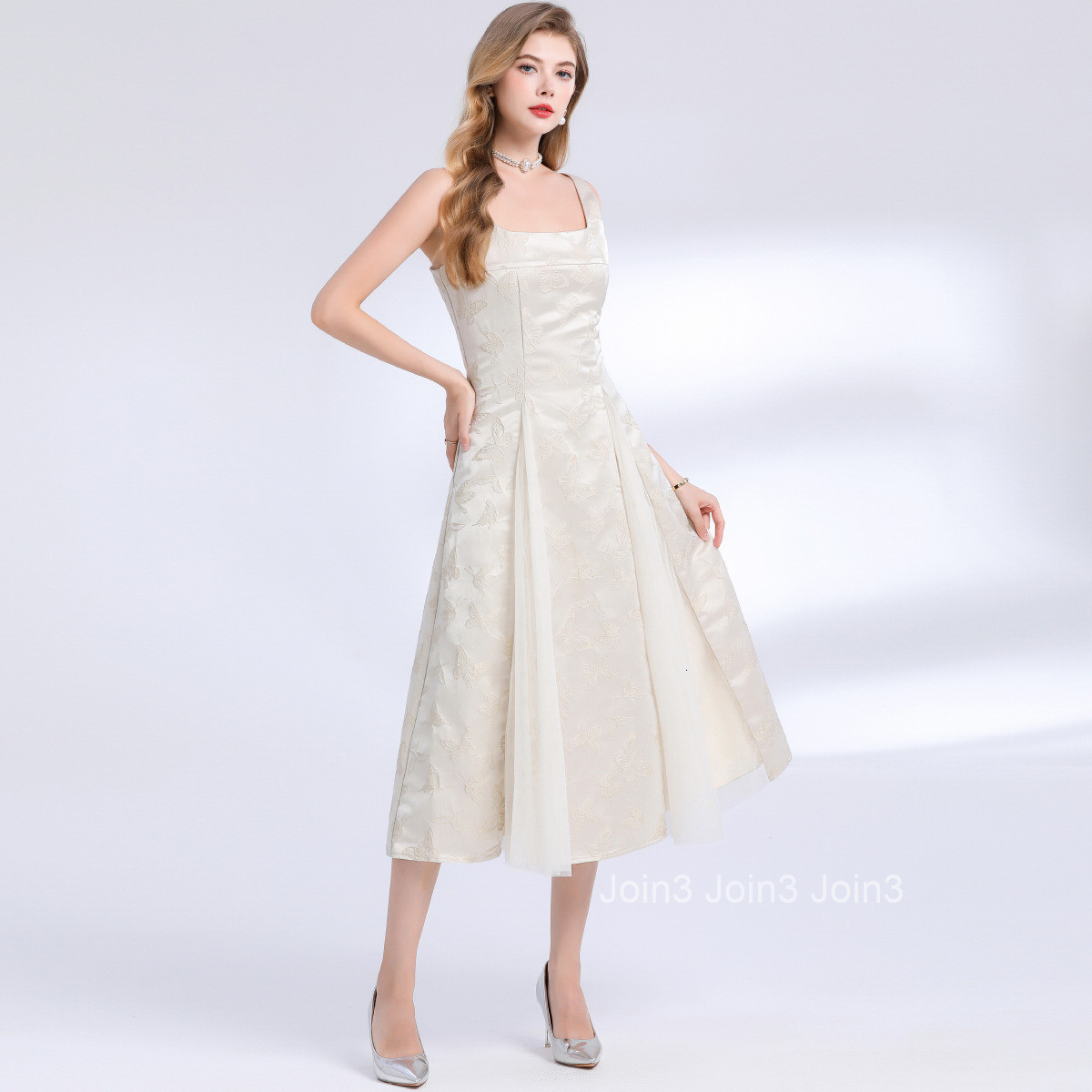 9651 French Elegant Jacquard Dress for Women Lace Strap Waist-Cinching Long Dress