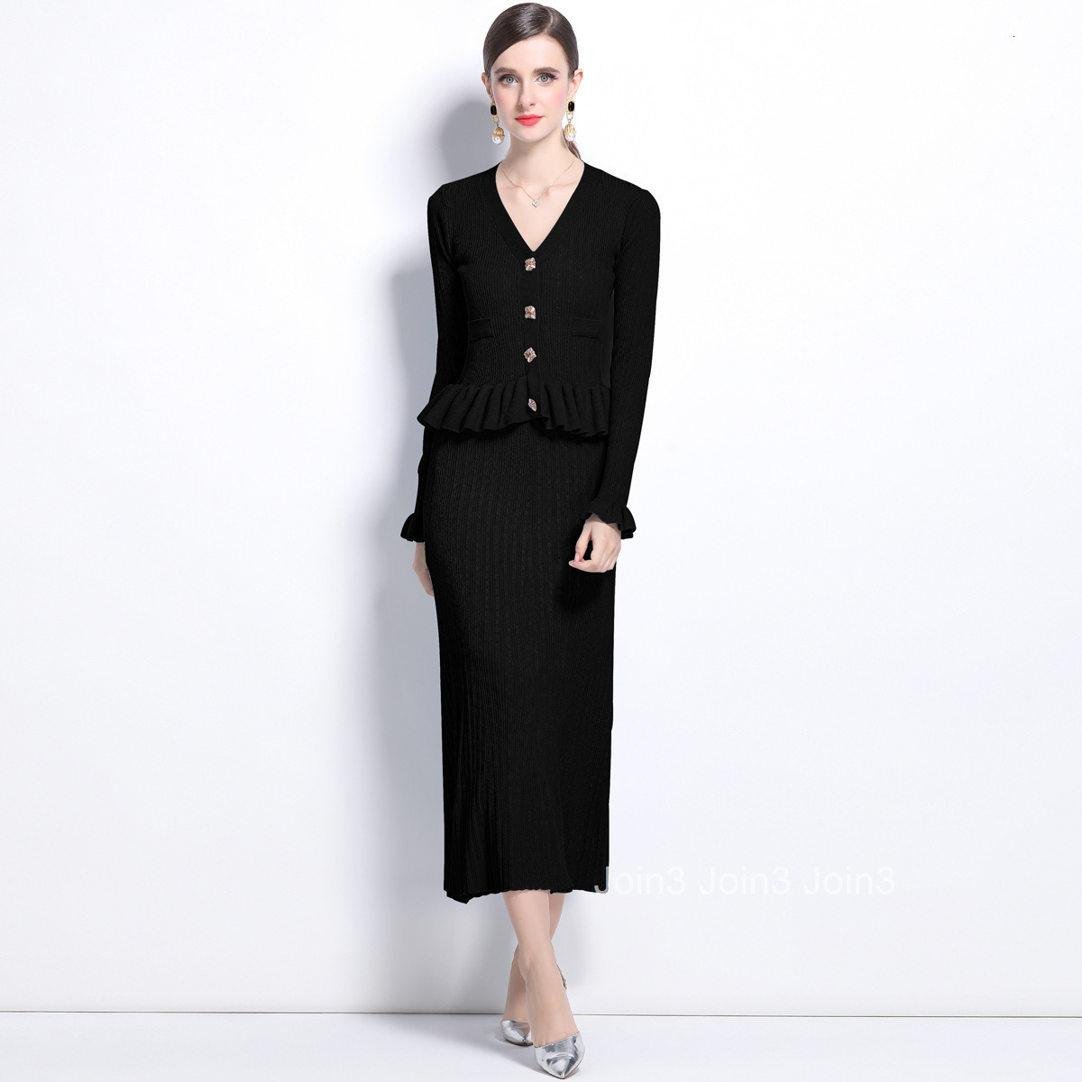 5846 Autumn New Womens Solid Color V-Neck Elegant Hollow Knitted Long Sleeve Dress Long Skirt