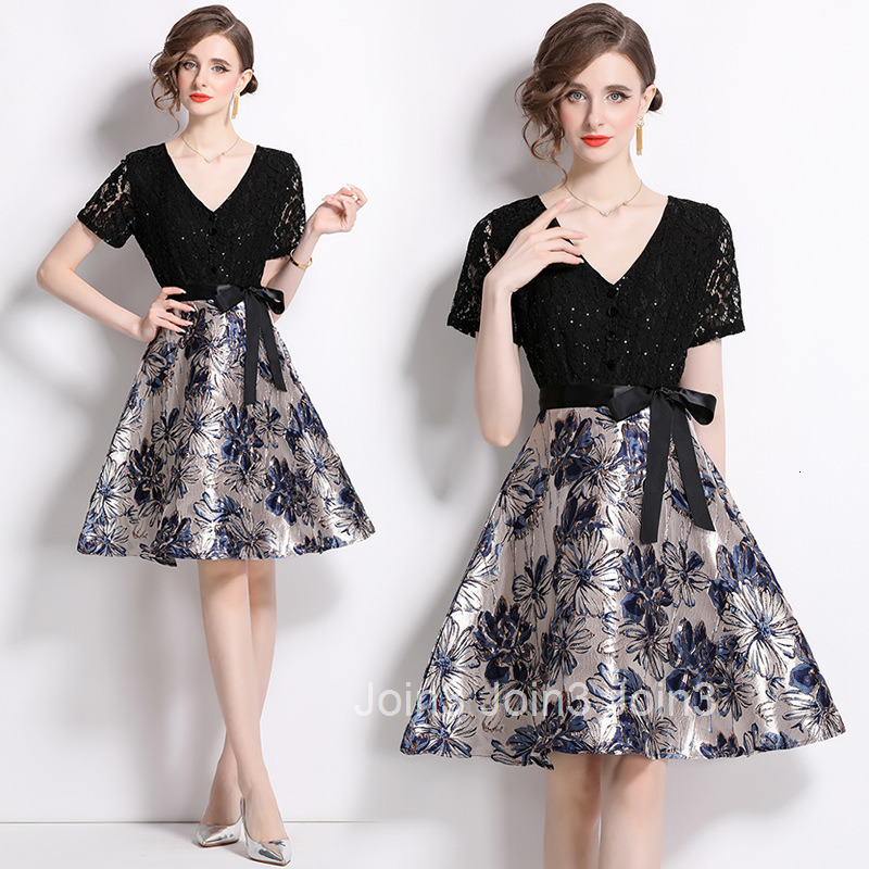 8570 French Style Elegant Lace Hollow Out Versatile Waist-Tie Slimming Patchwork Dress Trendy