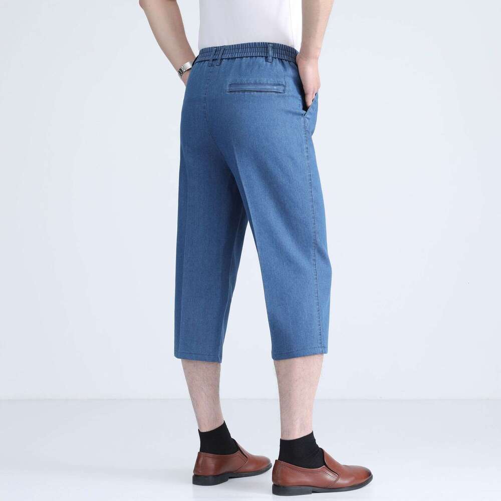 Men's Jeans Cropped Pants Summer High Waist Straight Elastic Thin Shorts Middle-aged Loose Denim Breeches