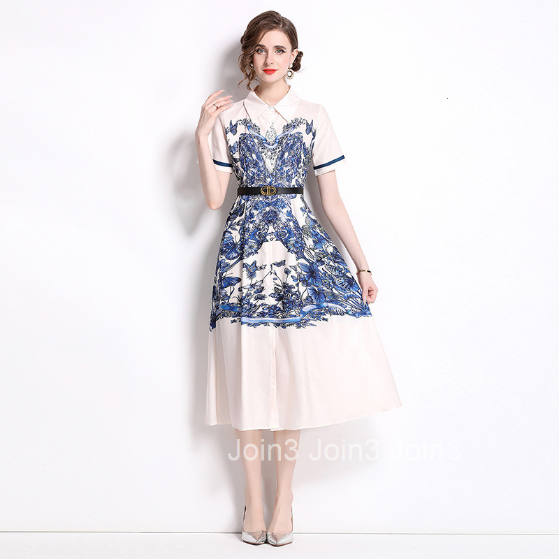 8538 summer new style lapel short sleeved mid to long cut waist slimming printed A-line dress