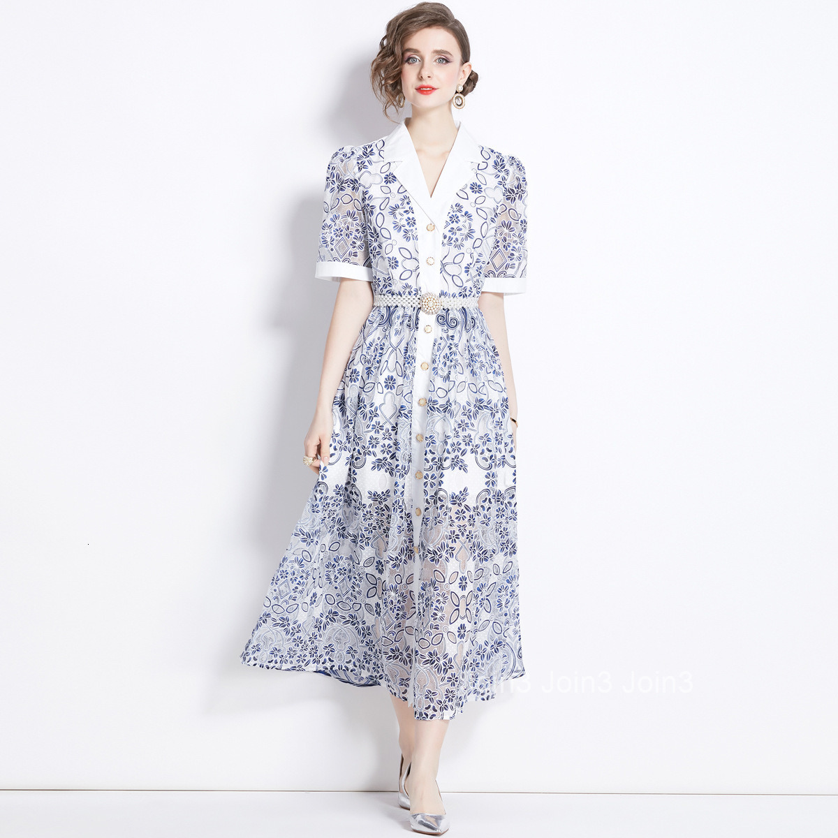 1644 Summer New Womens Casual Collar Single breasted Short sleeved Mesh Hollow Embroidered Dress