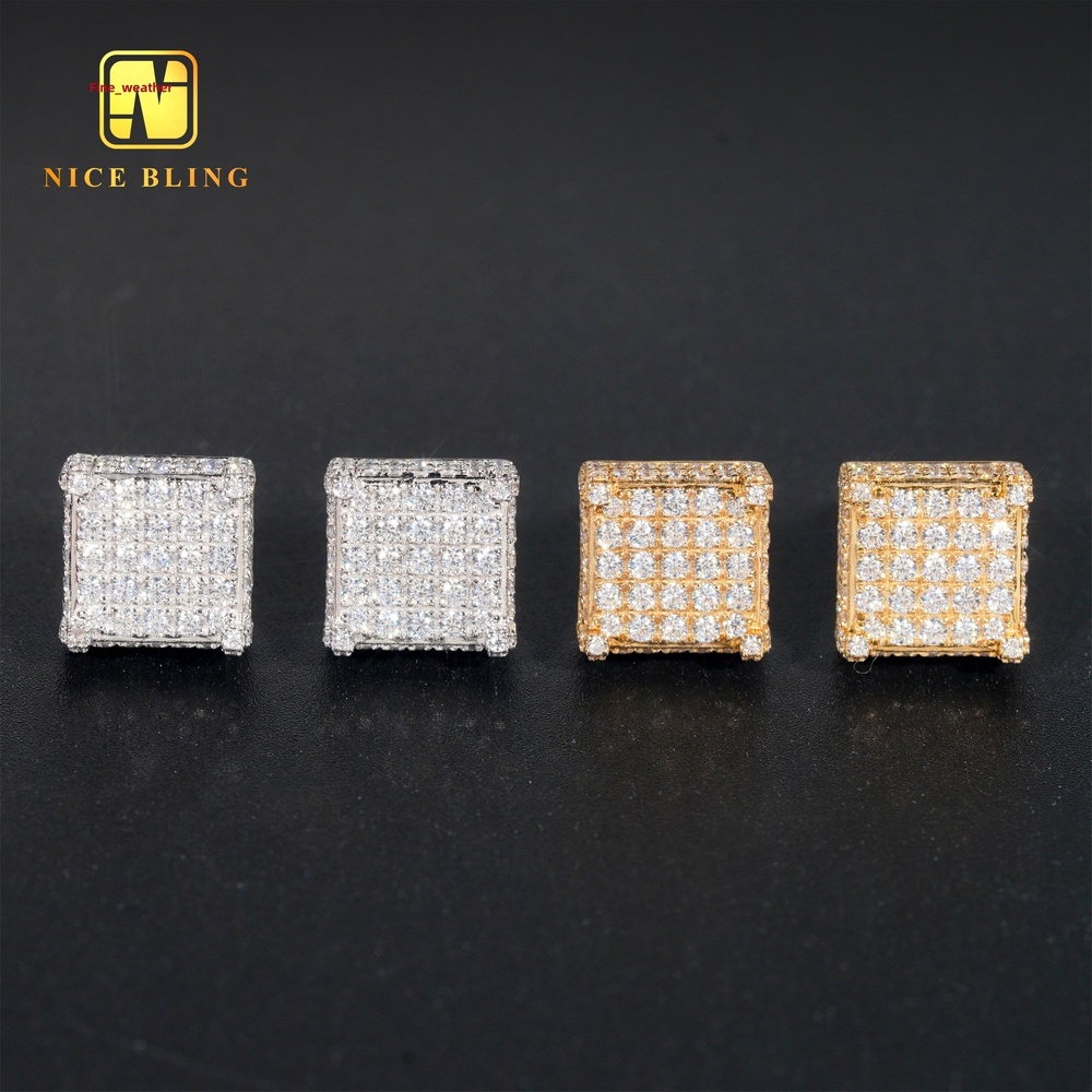 Full Iced Out Lab Diamonds Ear Studs 10K Solid Gold Jewelry Earrings Square Shape Shining Moissanite Earrings for Men Women