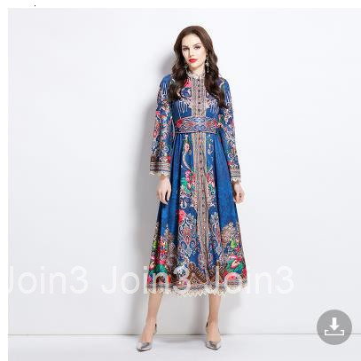 2649 Spring/Summer New Ethnic Style Pattern Stand up Collar Lace Splicing Long Dress