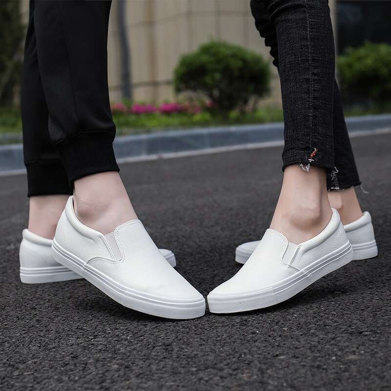 Slip-On Autumn Winter Style Lazy Leather Casual Men's Sneakers Double Cotton White Shoes Warm