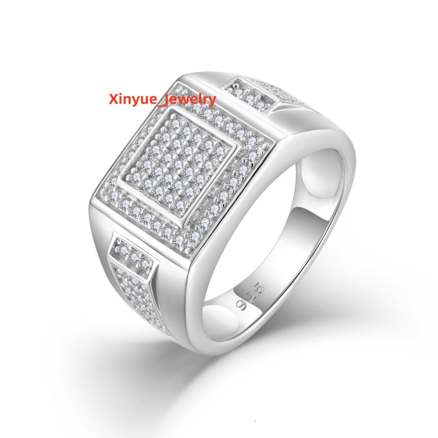 Hip Hop Mens Sterling Silver Square Moissanite Ring Luxury Design Micro Pave Setting Moissanite Men Ring Jewelry for Groomsmen
