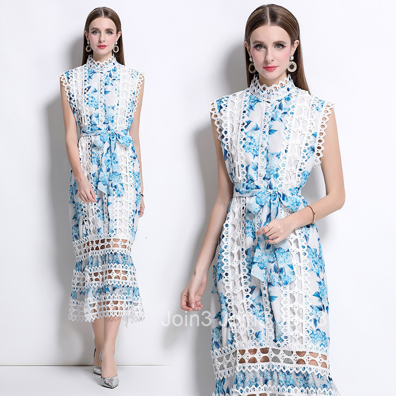 5151 French Style Elegant Elegance Hollow Lace Dress Summer Stand Collar Slimming Dress for Women