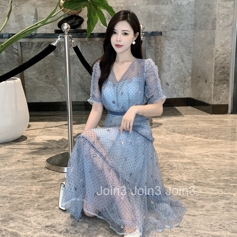 7075 Summer French Elegant Heavy Embroidery Polka Dot Mesh Mid-Length Dress