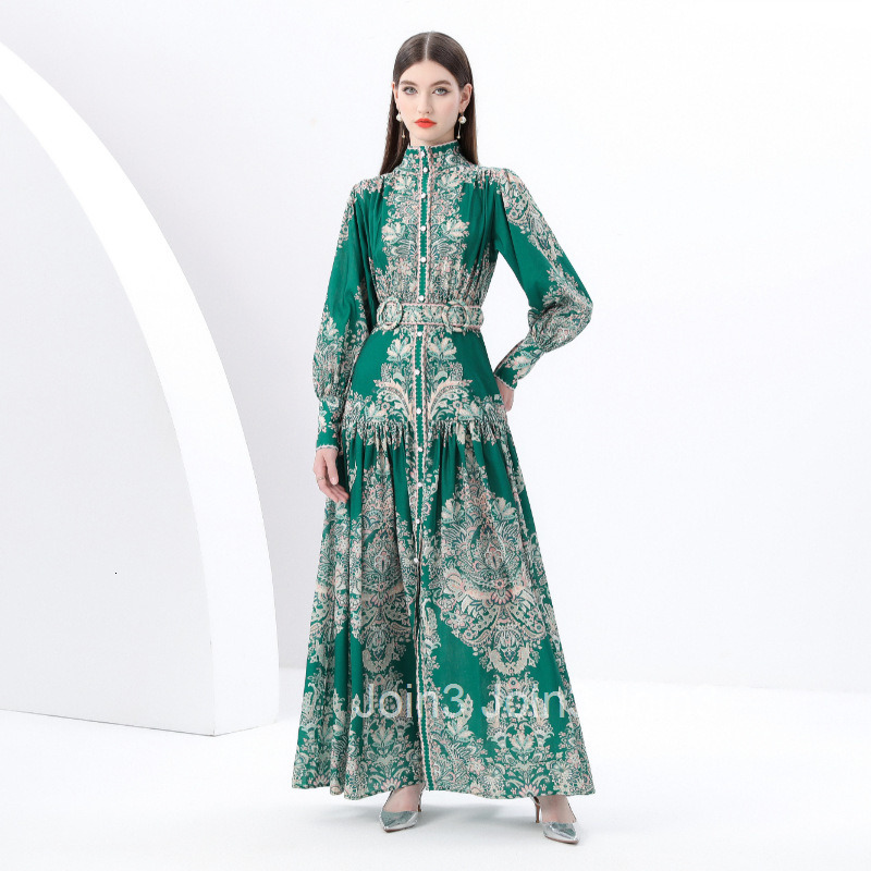 6165 Early Spring Breeze Stand Collar Lantern Sleeve Wave Edge Long Printed Dress