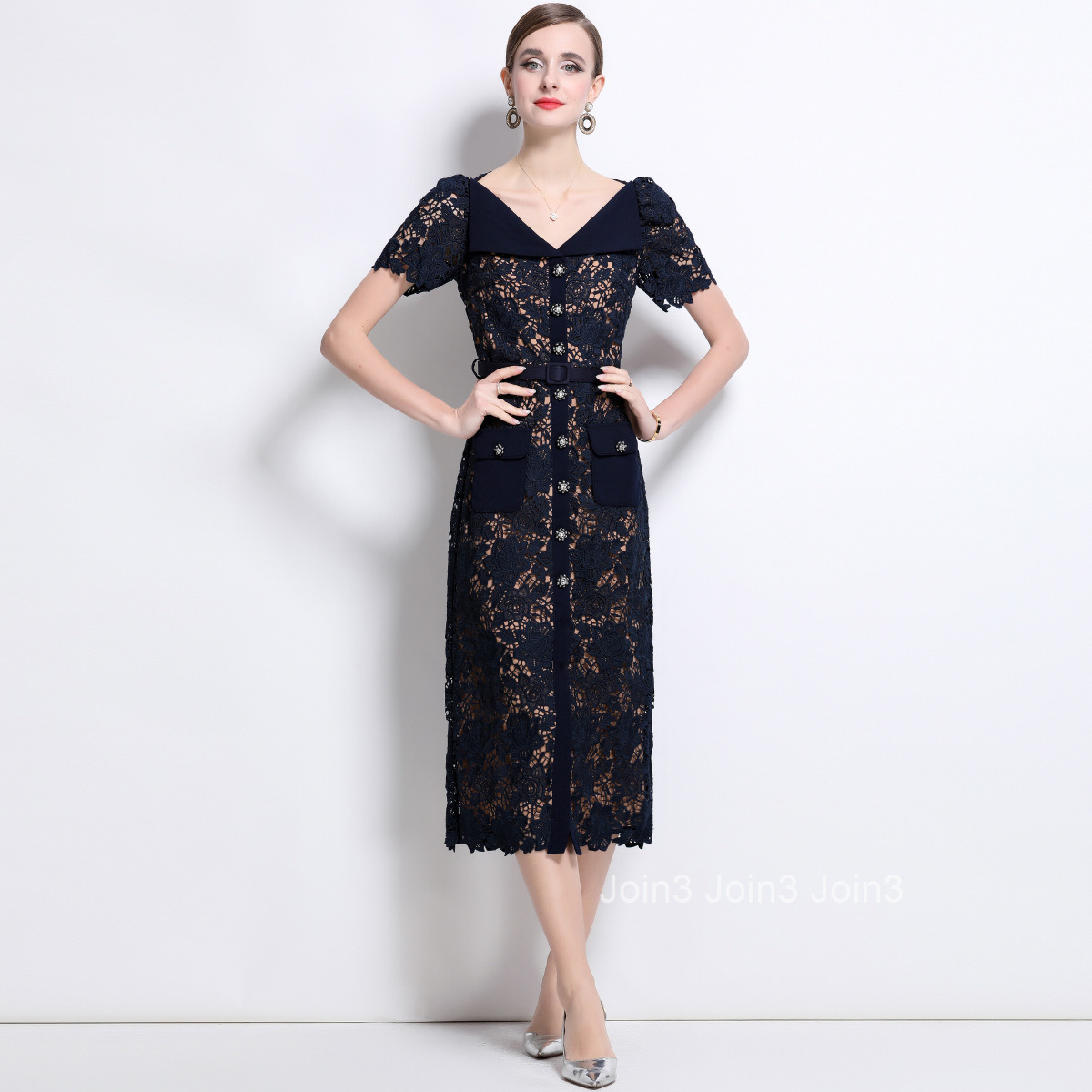 1695 Fairy Dress Three-Dimensional Jacquard Hollow Water-Soluble Lace Waist-Cinching Mid-Length Dress with Belt