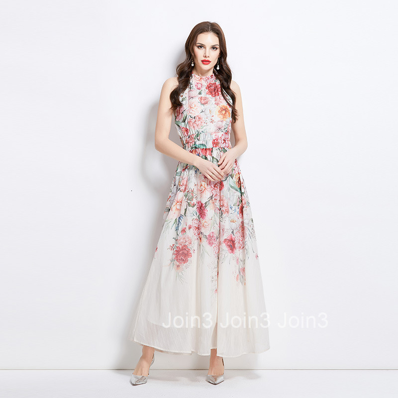 2747 Spring Summer Vacation New Oil Painting Flower Print Halter Neck Long Dress